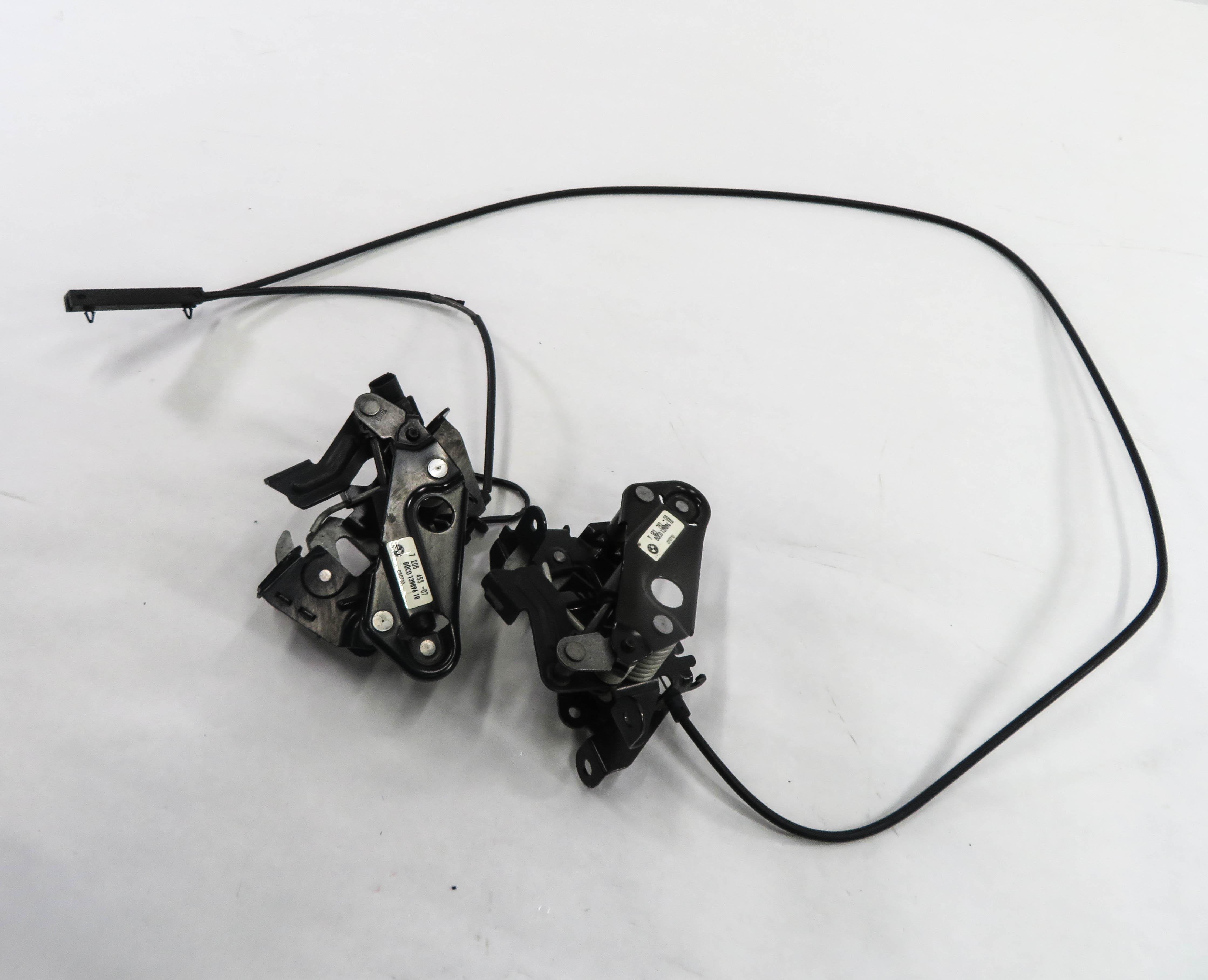 2011 BMW 750i (F01) FRONT LEFT & RIGHT LOWER HOOD LOCK LATCH SET w/ CABLE — exact item pictured