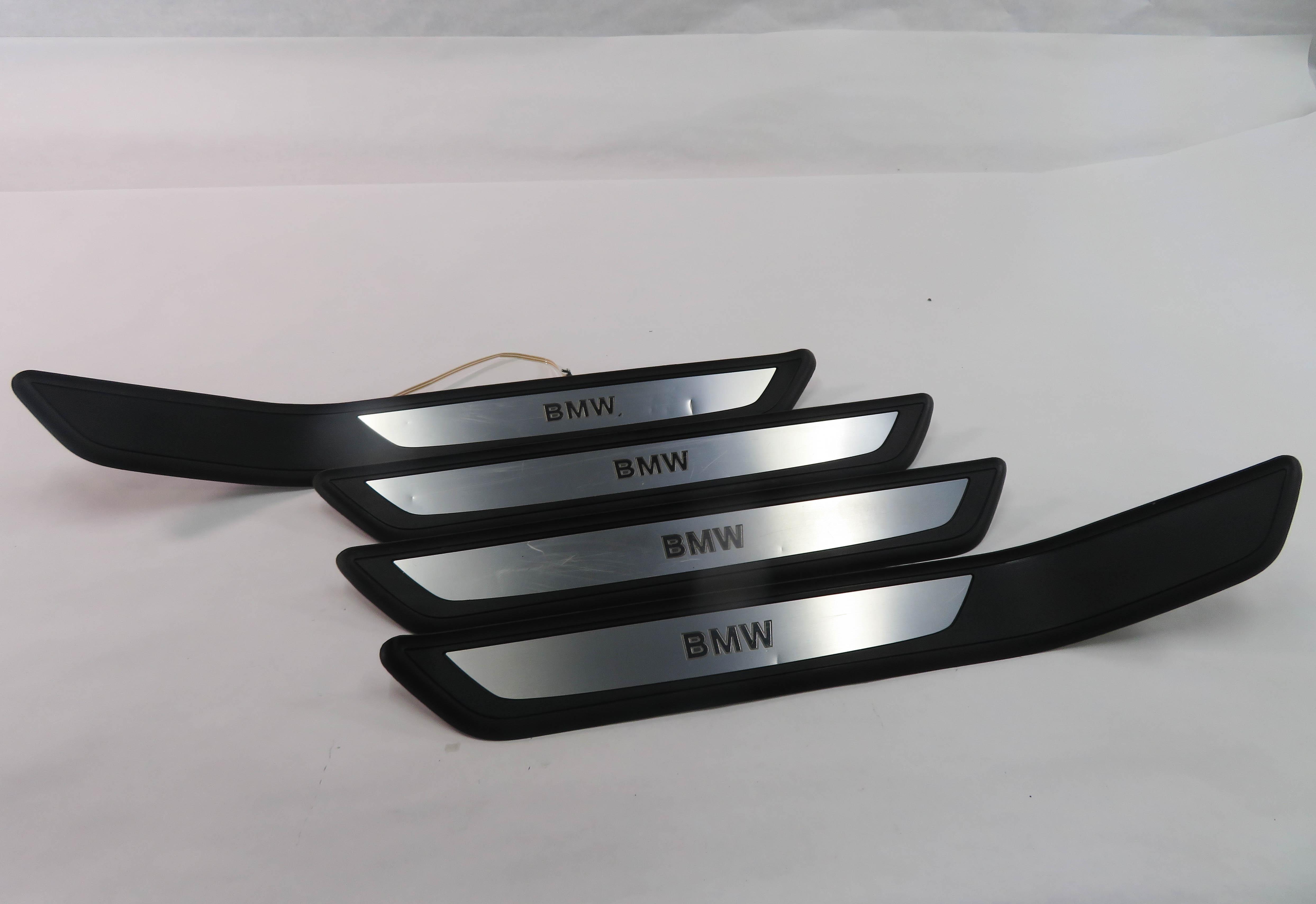 2009 BMW 750i (F01) FRONT & REAR DOOR SILL SCUFF PANEL TRIM SET-4 w/ LIGHTS — exact item pictured
