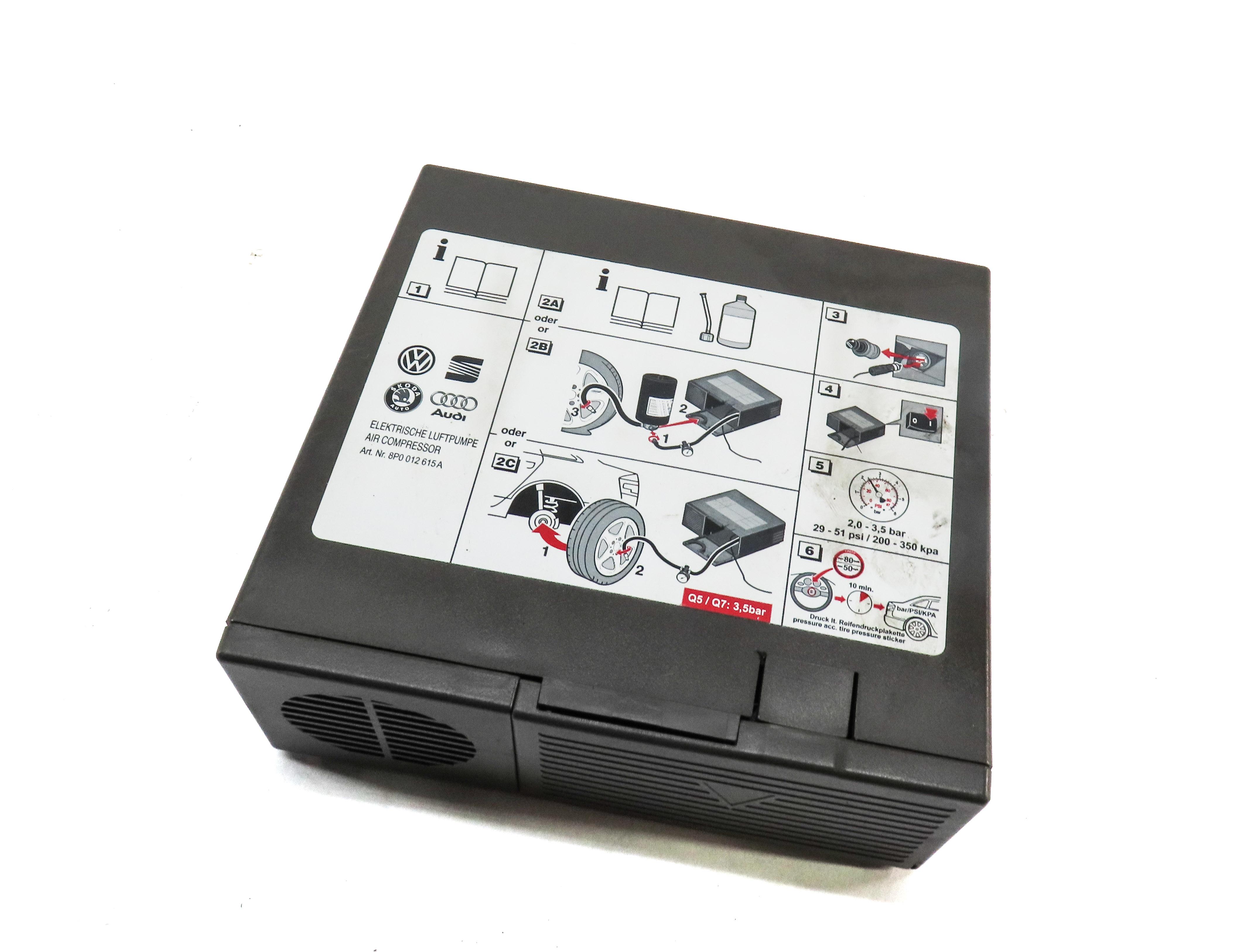 12 AUDI Q7 4L EMERGENCY ROADSIDE 12v 12 VOLT TIRE AIR COMPRESSOR PUMP 8P0012615A — exact item pictured