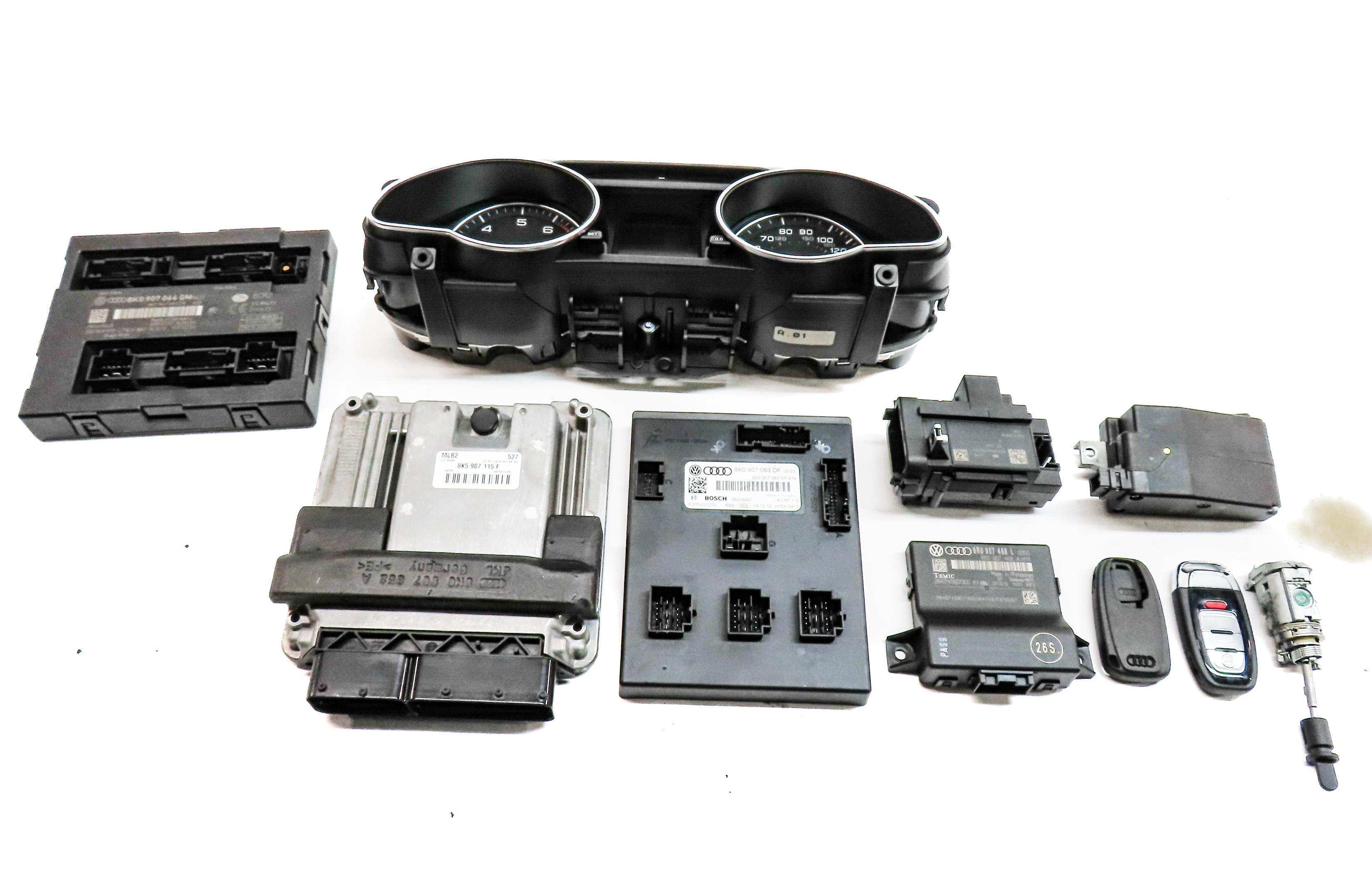 2013 AUDI A5 (B8 8T) 2.0L SPEEDOMETER BODY ENGINE MODULE & KEY SET BCM ECM ECU — exact item pictured