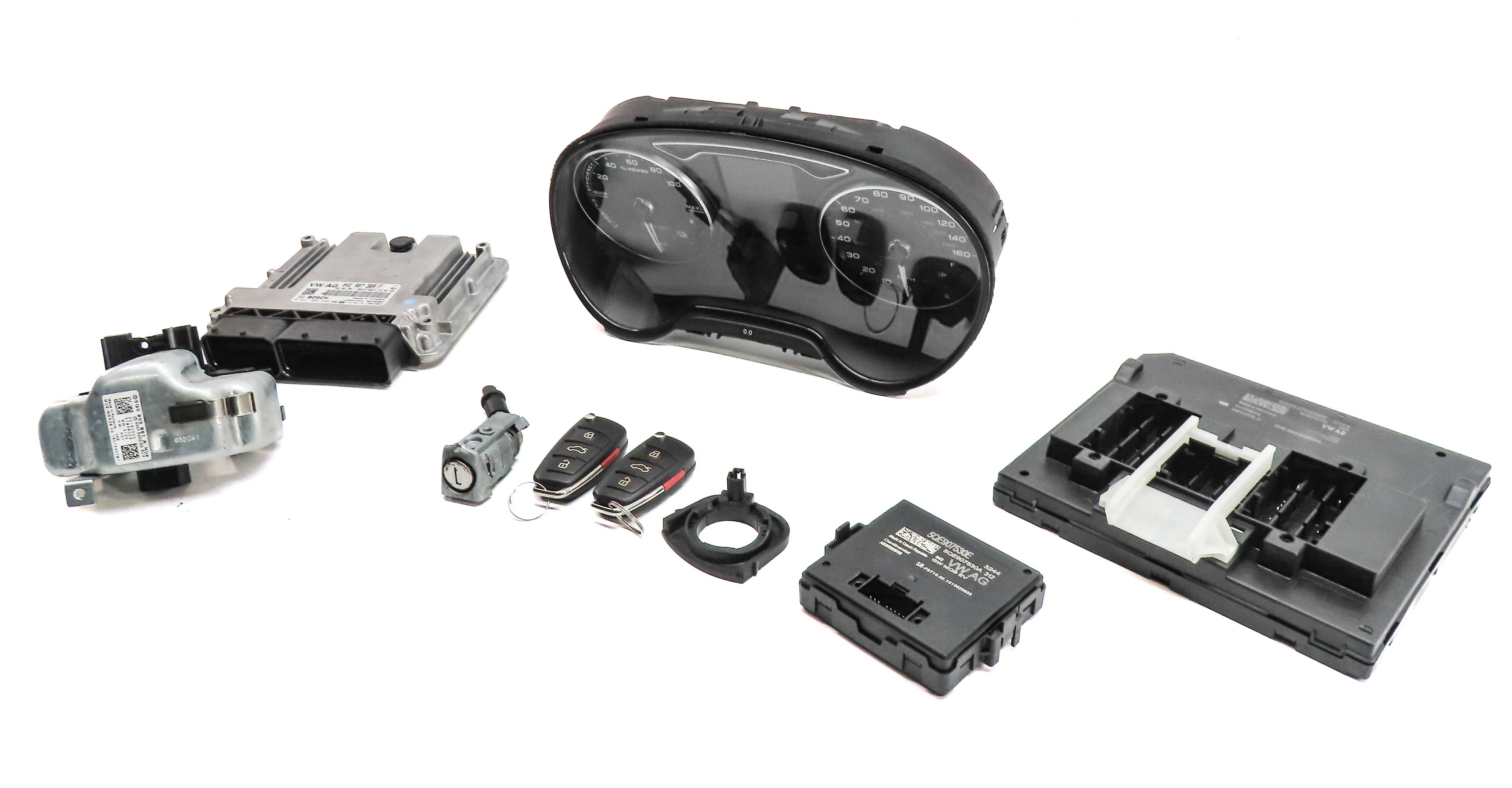 16-18 AUDI A3 E-TRON HYBRID (8V) SPEEDOMETER ECM BCM BODY ENGINE MODULE KEY SET — exact item pictured