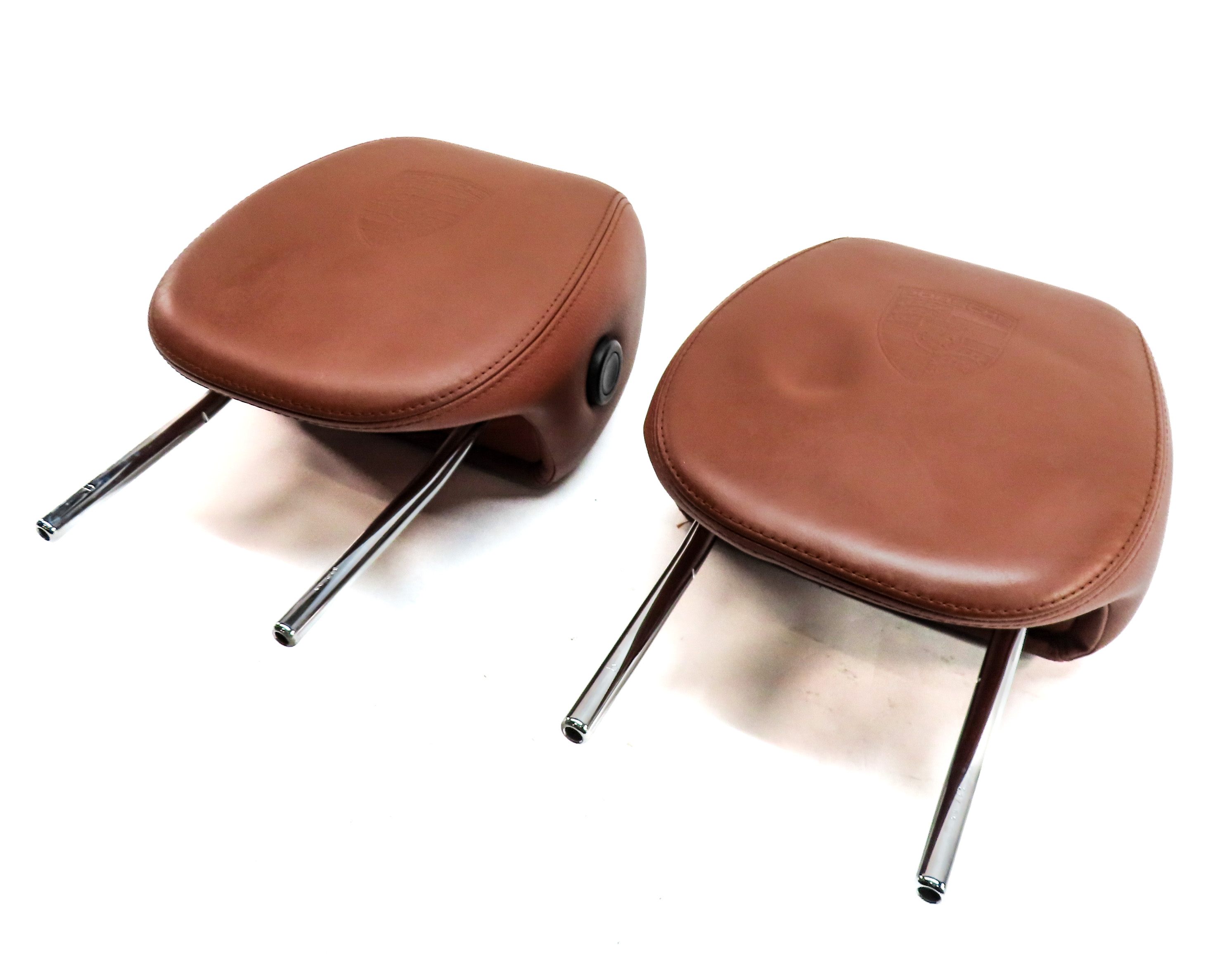 08 PORSCHE CAYENNE 957 FRONT SEAT LOGO EMBOSSED HEADREST SET/2 (Chestnut) — exact item pictured