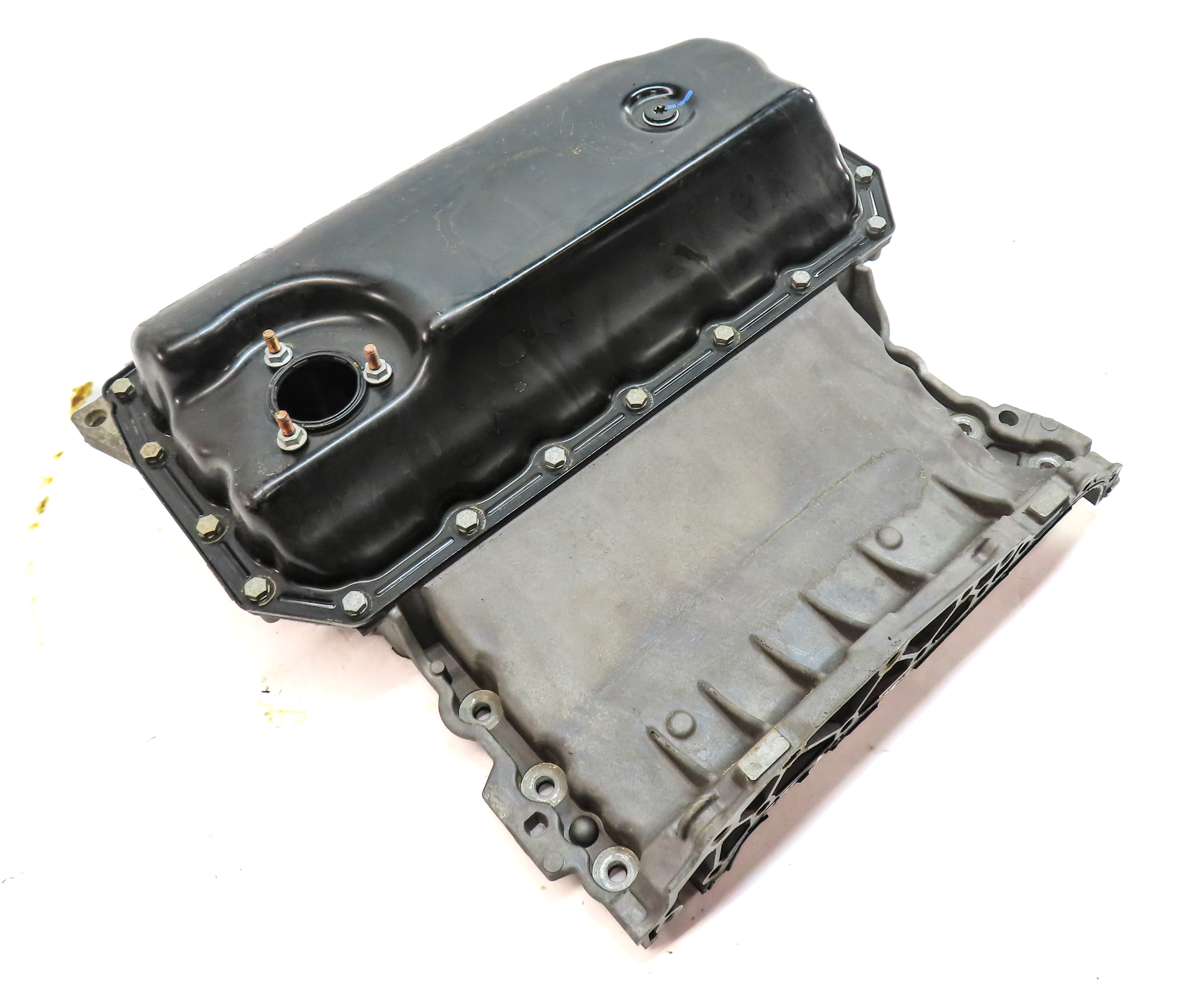 17-19 AUDI Q7 4M 3.0L SUPER CREC ENGINE UPPER & LOWER OIL FLUID PAN w/ PLUG — exact item pictured