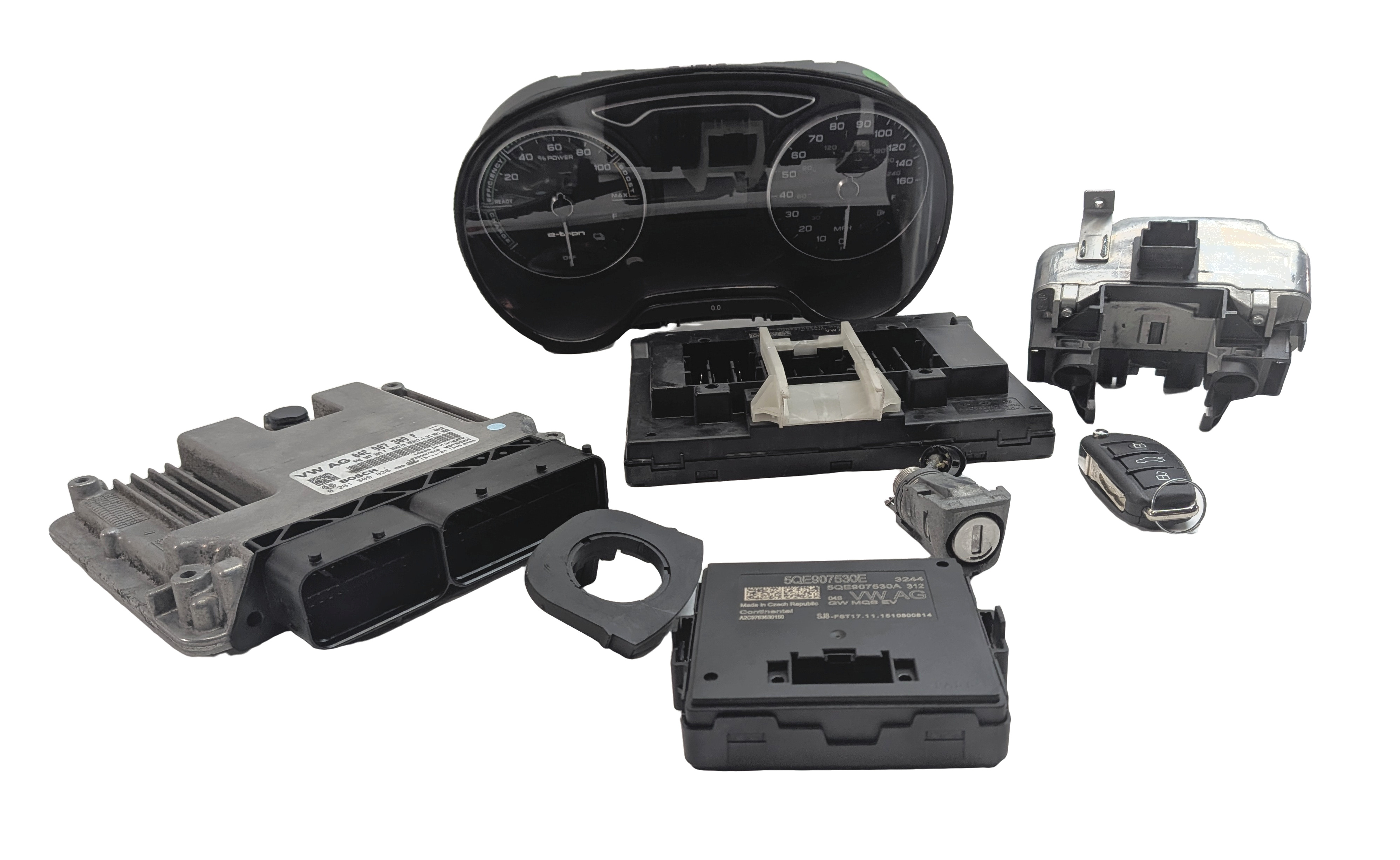 16-18 AUDI A3 E-TRON HYBRID (8V) SPEEDOMETER ECM BCM BODY ENGINE MODULE KEY SET — exact item pictured