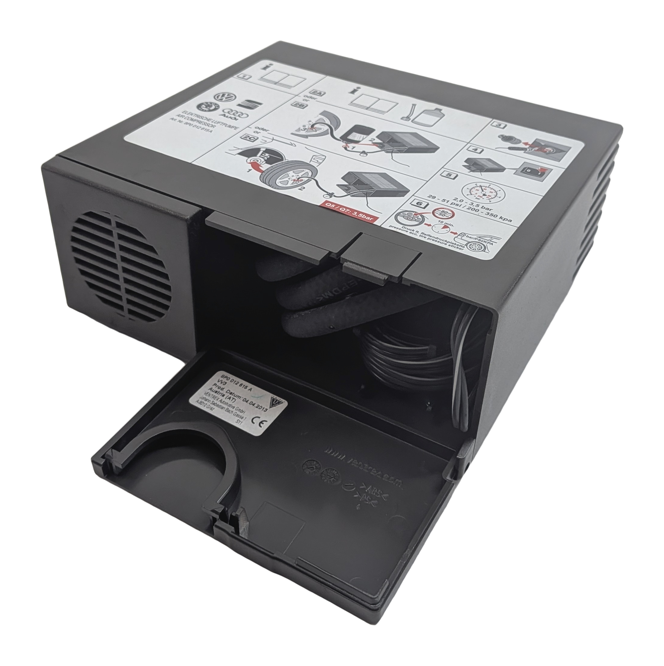 2013 AUDI Q5 (B8 8R) EMERGENCY SPARE TIRE INFLATOR AIR COMPRESSOR REPAIR KIT — exact item pictured