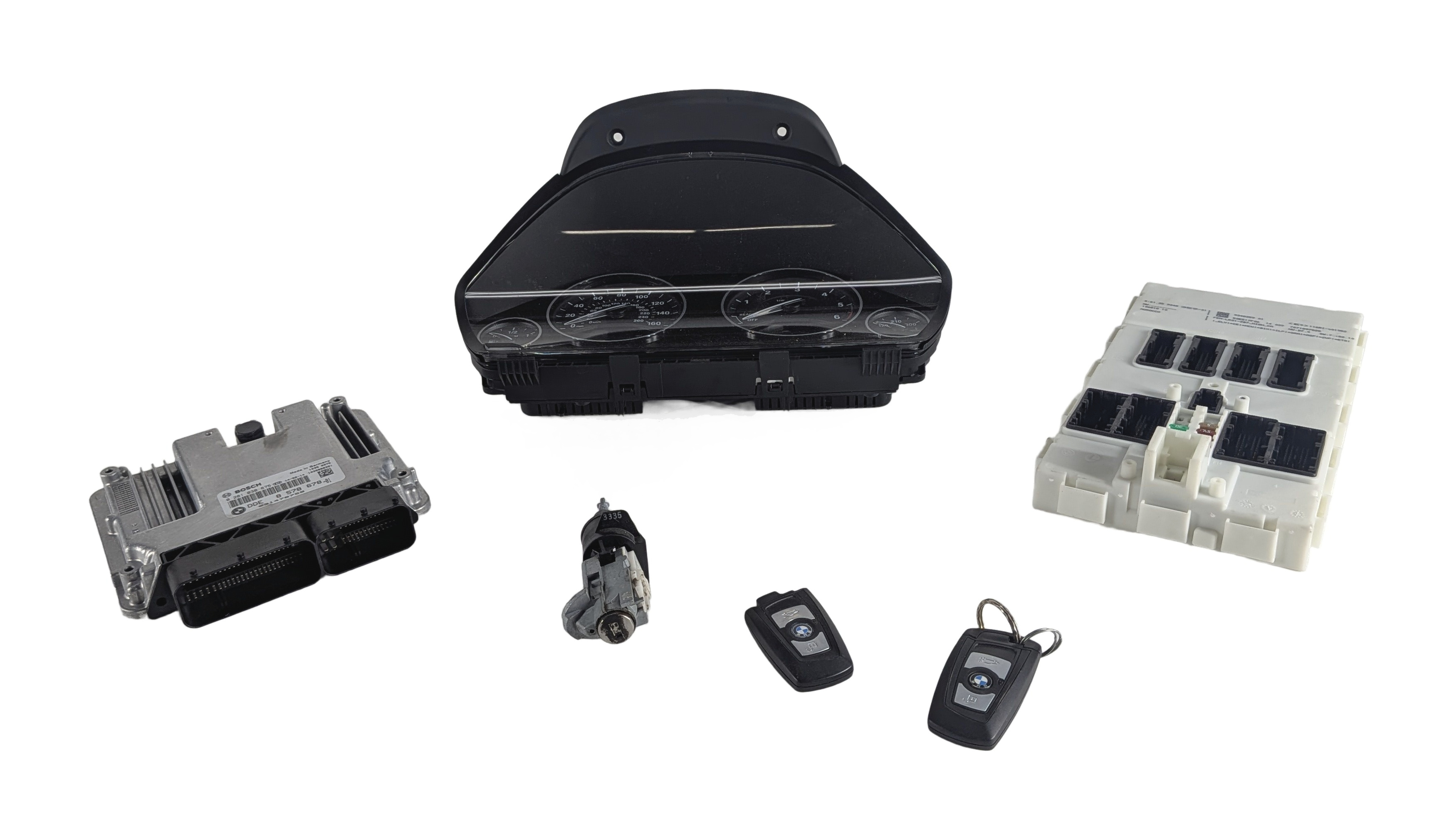 2014-2018 BMW 328i (F30) DIESEL SPEEDOMETER BODY ENGINE CONTROL MODULE & KEY SET — exact item pictured