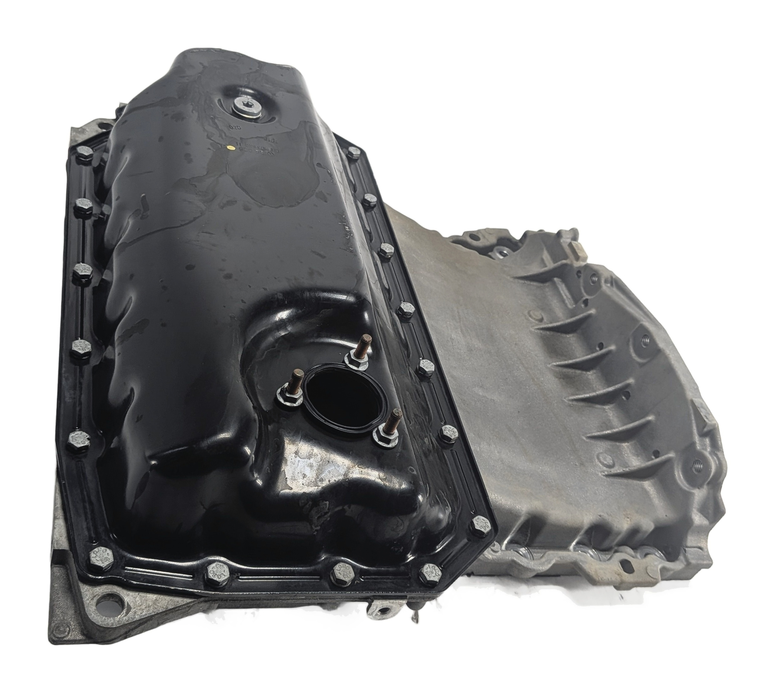 17-19 AUDI Q7 4M 3.0L SUPER CREC ENGINE UPPER & LOWER OIL FLUID PAN w/ PLUG — exact item pictured