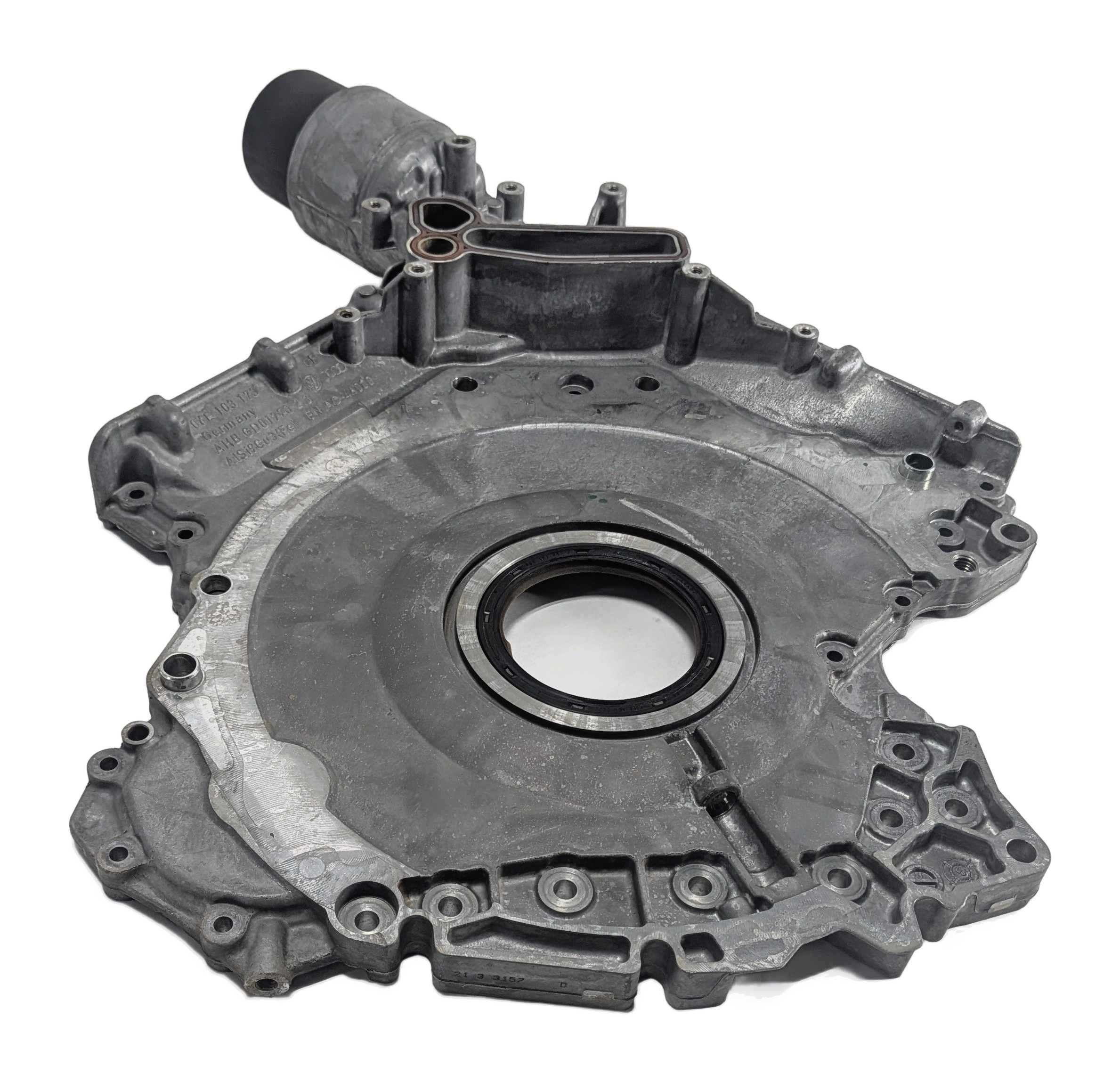 17-19 AUDI Q7 4M 3.0L SUPER CREC ENGINE LOWER TIMING COVER w/ OIL FILTER HOUSING — exact item pictured
