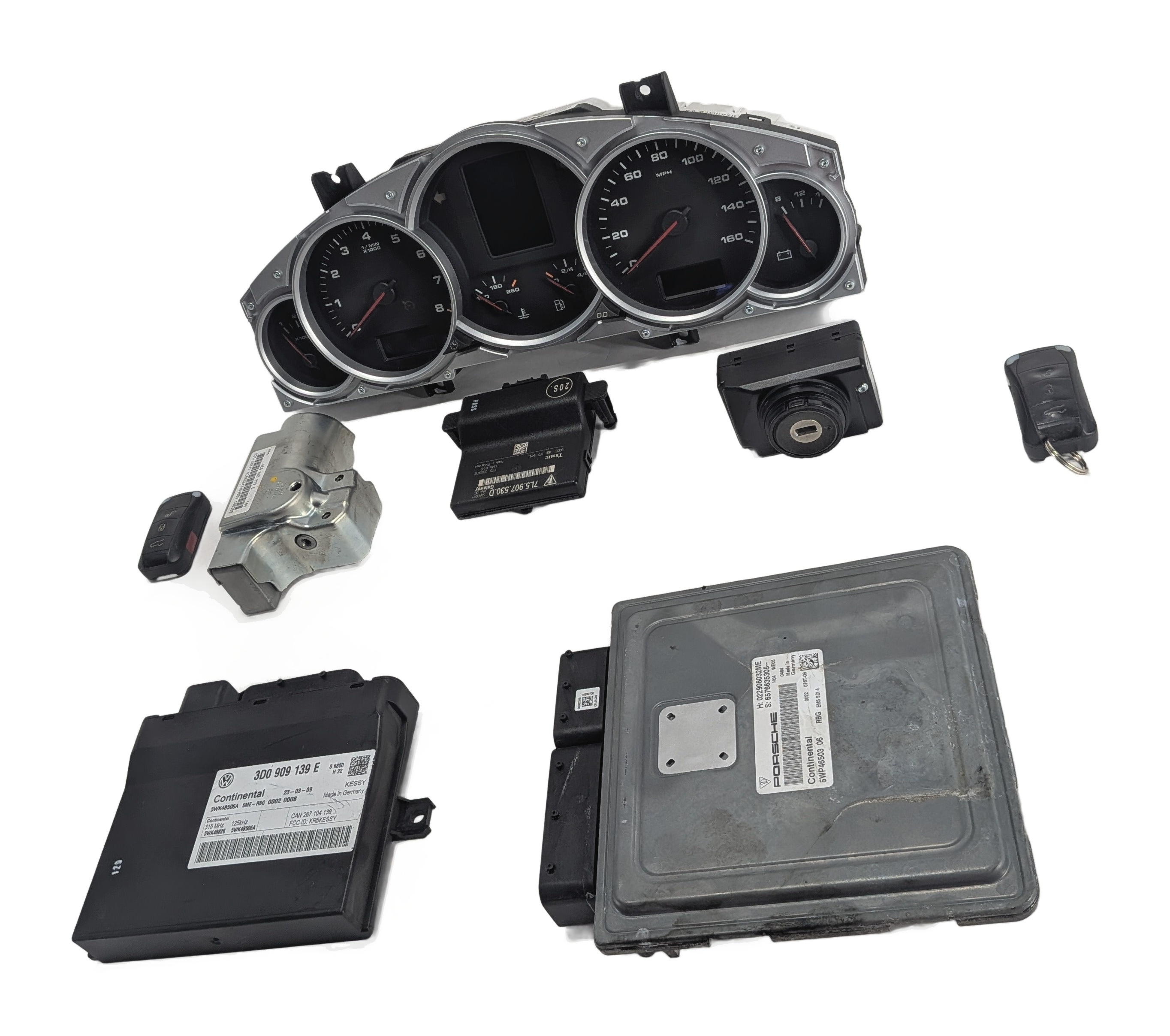 09-10 PORSCHE CAYENNE (957) 4.8L M48.01 ECM KESSY IMMOBILIZER CLUSTER KEY SET/8 — exact item pictured