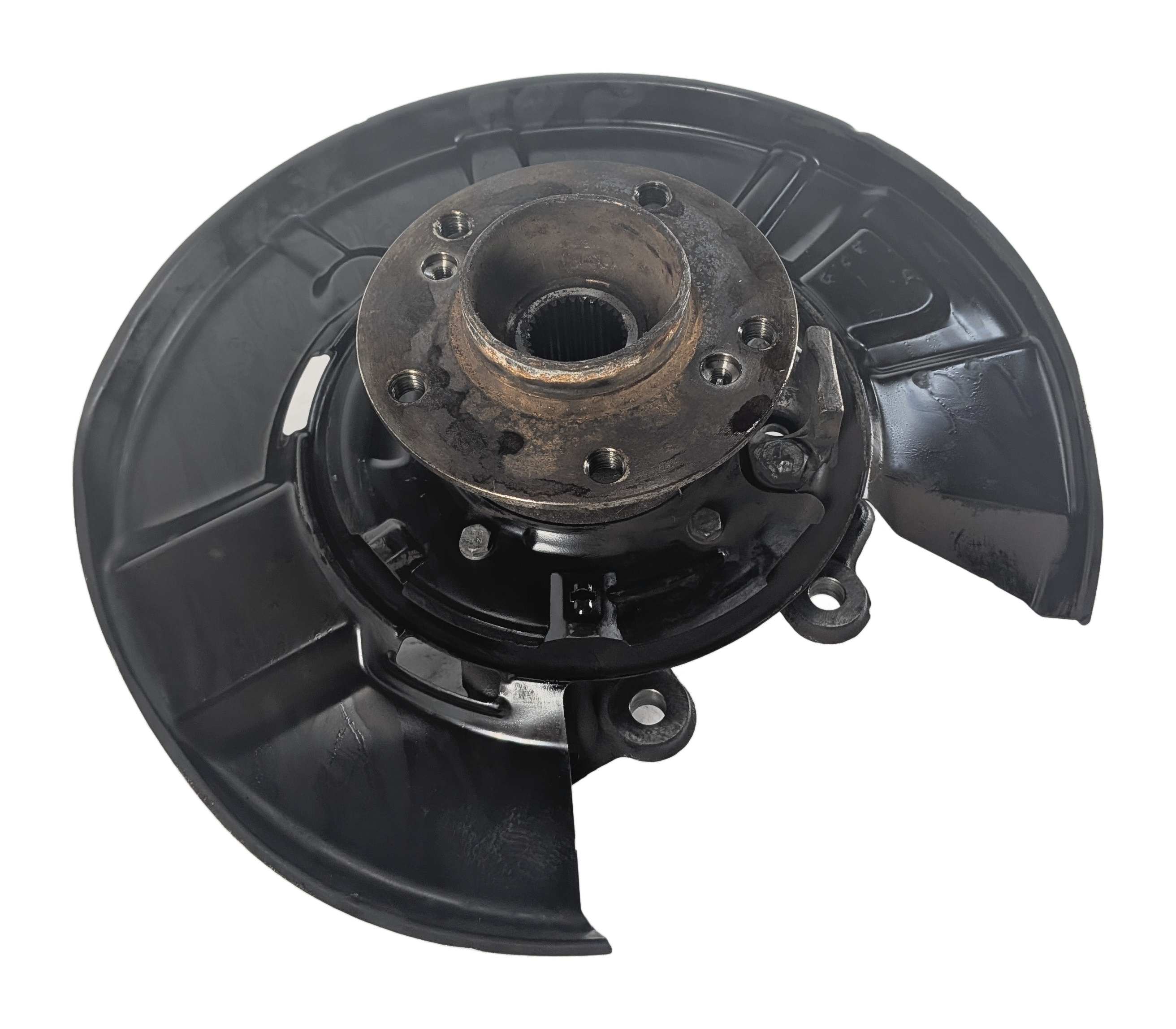 08-13 BMW M3 1M (E90 E92 E93 E82) REAR LEFT SPINDLE KNUCKLE w/ WHEEL BEARING HUB — exact item pictured