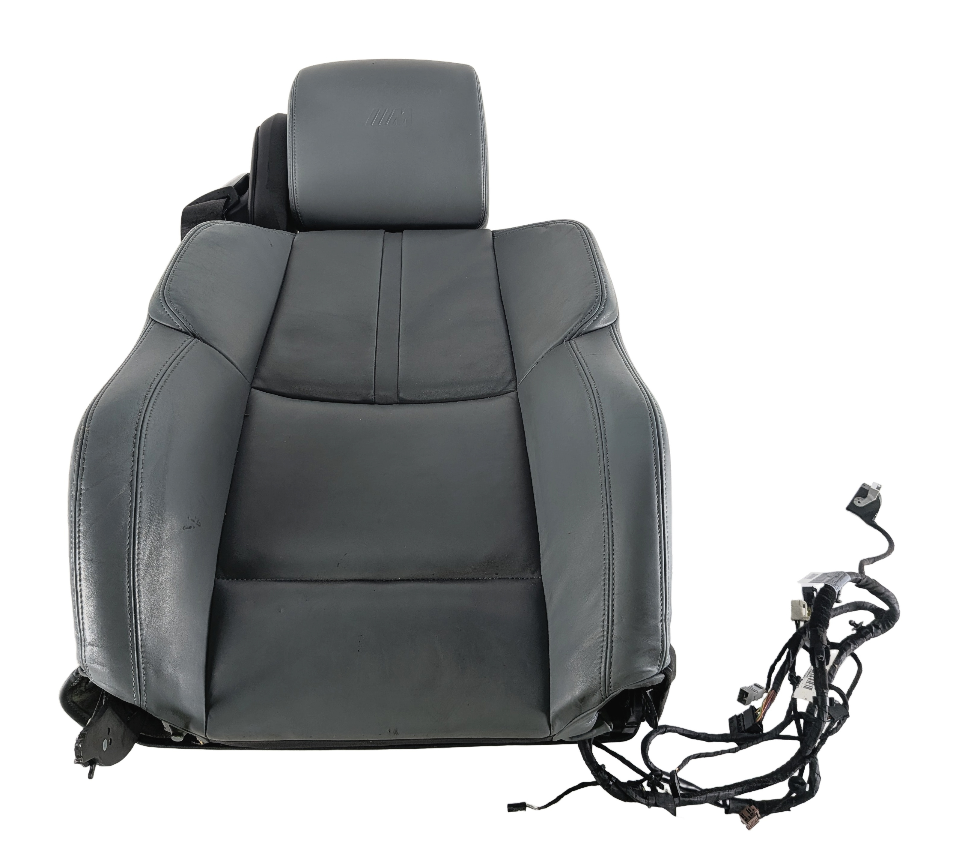 2008 BMW M3 (E90) FRONT RIGHT SEAT BACK (Grey) w/ HEADREST & SEATBELT (Black) — exact item pictured