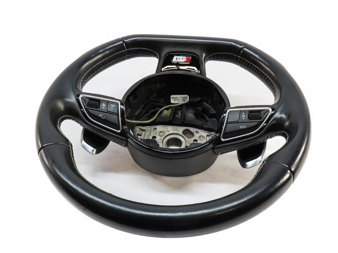 Thumbnail 3: 14-16 AUDI S4 B8 8K 3 SPOKE FLAT BOTTOM STEERING WHEEL w/ SWITCHES PADDLES BLACK