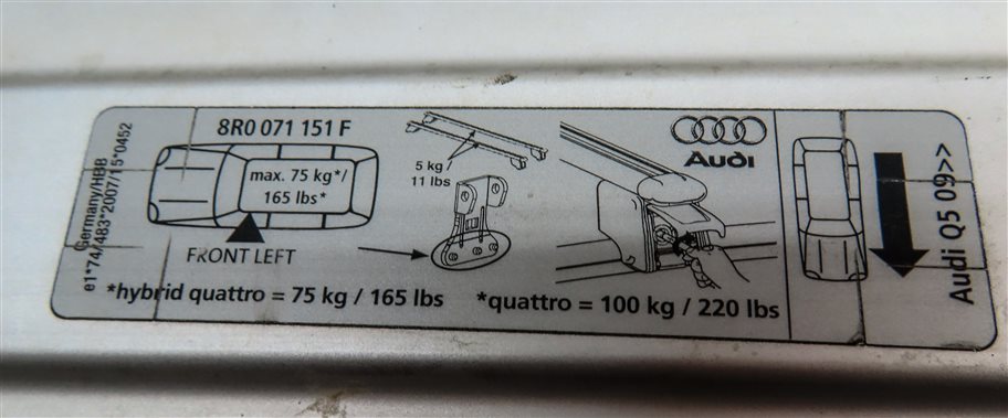 Thumbnail 5: 2012 AUDI Q5 (B8 8R) FRONT & REAR ROOF LUGGAGE RACK SET 2 (SIDE TO SIDE)