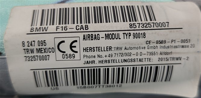 Thumbnail 3: 2015-2019 BMW X6 (F16) RIGHT PASSENGER ROOF SIDE CURTAIN AIRBAG AIR BAG