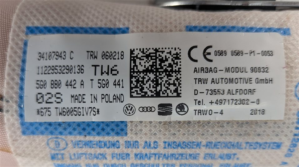 Thumbnail 7: 2018 AUDI A3 (8V) REAR RIGHT SEAT SIDE SRS AIRBAG MODULE