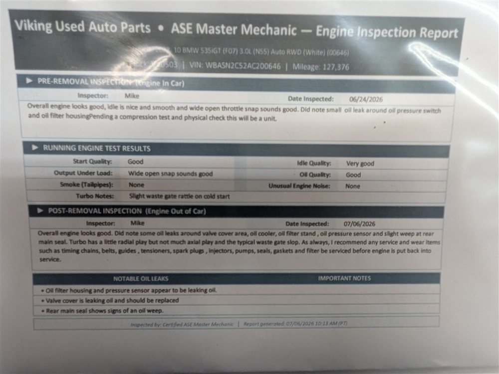 Thumbnail 22: 2010-2011 BMW 535iGT (F07) 3.0L TURBO N55 RWD ENGINE ASSEMBLY MOTOR TESTED 127k