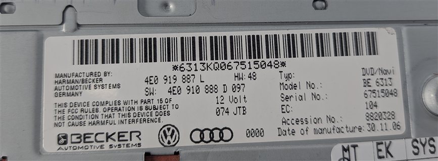 Thumbnail 5: 2005-2010 AUDI A8 S8 Q7 (4L) AM/FM RADIO STEREO RECEIVER MODULE (BECKER AUDIO)